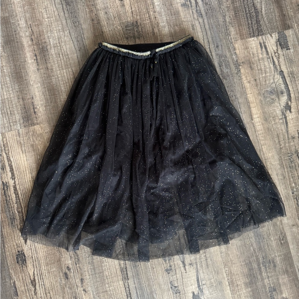 Jessica Simpson Black Glitter Tulle A-Line Skirt with Gold Waist Trim